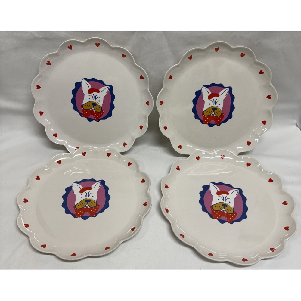 Set- 4 Target 10 Pillowfort Scalloped Melamine Dinner Plates BullDog Hearts Dog